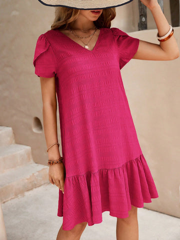 Women V-Neck Short Sleeve Casual Dress, Simple And Fashionable For Everyday Wear
