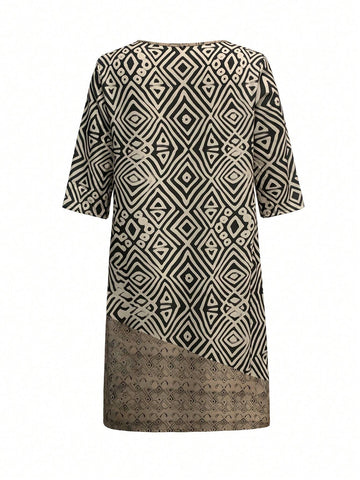 Women V-Neck Short Sleeve Floral Print Straight Dress, Casual Loose Belted T-Shirt Dress