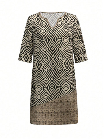 Women V-Neck Short Sleeve Floral Print Straight Dress, Casual Loose Belted T-Shirt Dress