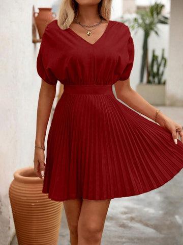 Women V-Neck Short Sleeve Solid Color Casual Pleated Hem Dress