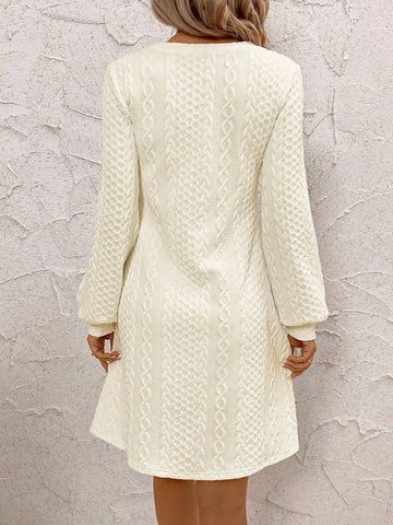 Women V-Neck Solid Color Long Sleeve Casual Dress, Simple & Fashionable For Everyday Wear