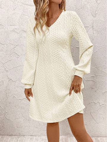 Women V-Neck Solid Color Long Sleeve Casual Dress, Simple & Fashionable For Everyday Wear
