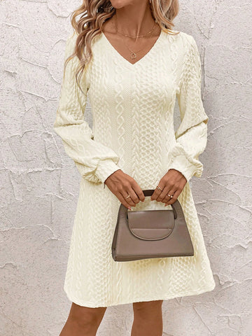 Women V-Neck Solid Color Long Sleeve Casual Dress, Simple & Fashionable For Everyday Wear