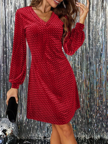 Women V-Neck Velvet Christmas/New Year Short Dress