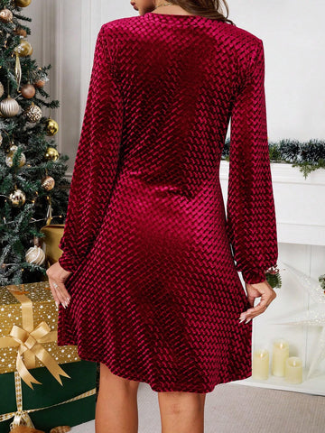 Women V-Neck Velvet Christmas New Year Mini Dress