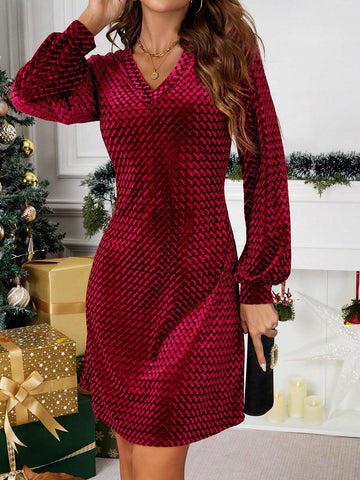 Women V-Neck Velvet Christmas New Year Mini Dress