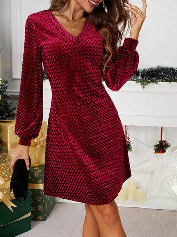 Women V-Neck Velvet Christmas New Year Mini Dress