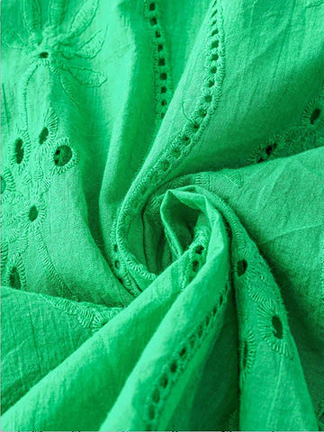 Clasi Women Vacation Leisure Pure Color Hollow Out Embroidery Bud Sleeve Shirt