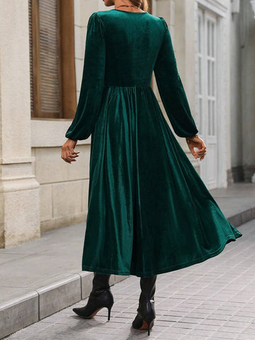 Women Velvet Deep V Neck Ruched Long Sleeve Dress