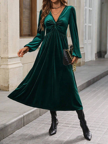 Women Velvet Deep V Neck Ruched Long Sleeve Dress