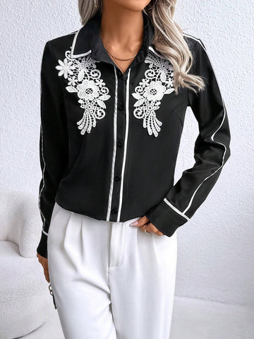 Casual Front Embroidered Solid Color Patchwork Black Collar Long Sleeve Shirt