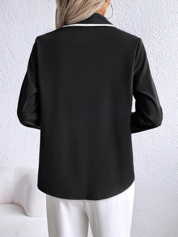 Casual Front Embroidered Solid Color Patchwork Black Collar Long Sleeve Shirt