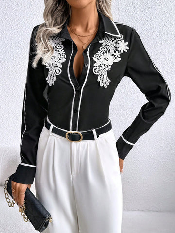 Casual Front Embroidered Solid Color Patchwork Black Collar Long Sleeve Shirt