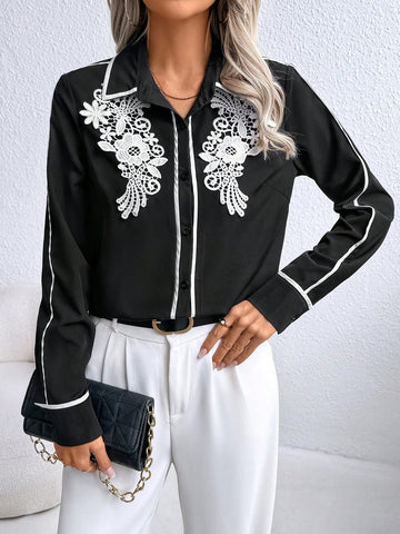 Casual Front Embroidered Solid Color Patchwork Black Collar Long Sleeve Shirt