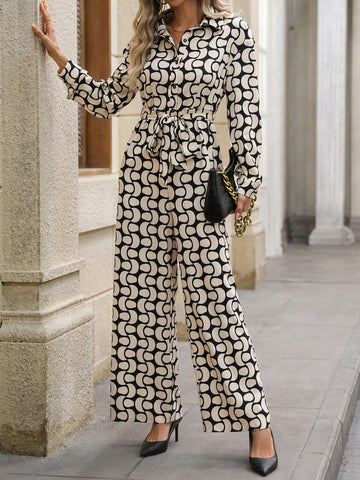 Women's All-Over Print Buttoned Front Tie Waist Long Sleeve Jumpsuit