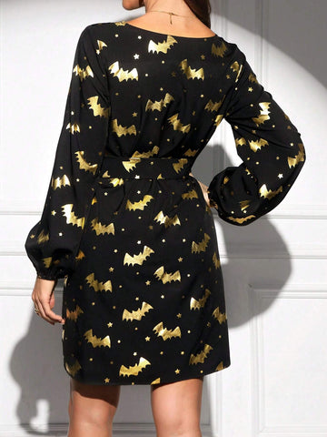 Women's All-Over Print Round Neck Long Sleeve Dress