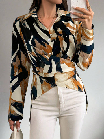 Clasi Women's Allover Print Cross Twist Long Sleeve Casual Shirt, Spring & Summer