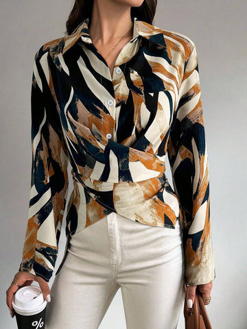 Clasi Women's Allover Print Cross Twist Long Sleeve Casual Shirt, Spring & Summer