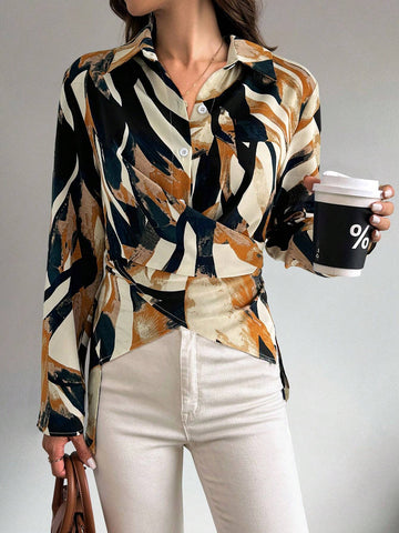 Clasi Women's Allover Print Cross Twist Long Sleeve Casual Shirt, Spring & Summer