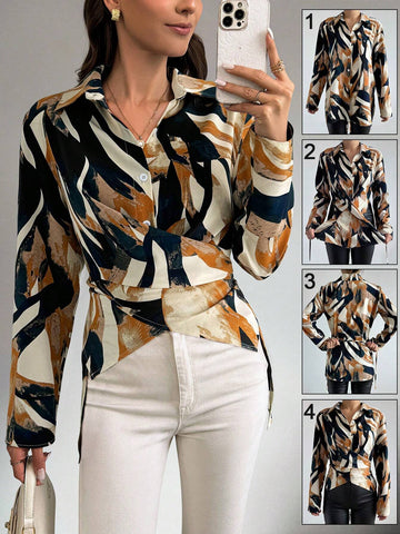 Clasi Women's Allover Print Cross Twist Long Sleeve Casual Shirt, Spring & Summer