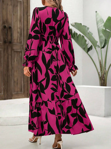 Women's Allover Print Long Sleeve High Waist Maxi Summer Dress