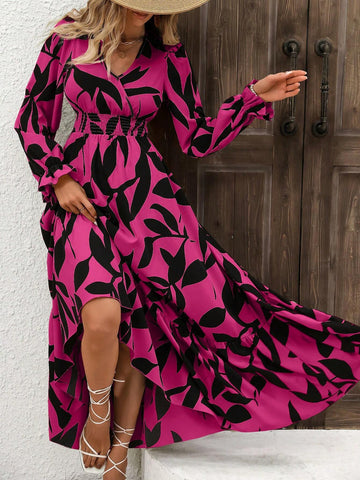 Women's Allover Print Long Sleeve High Waist Maxi Summer Dress