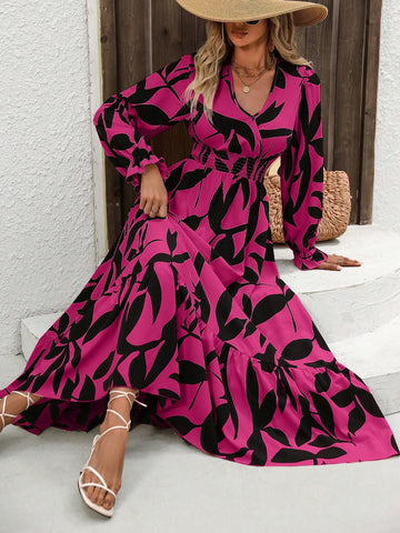 Women's Allover Print Long Sleeve High Waist Maxi Summer Dress