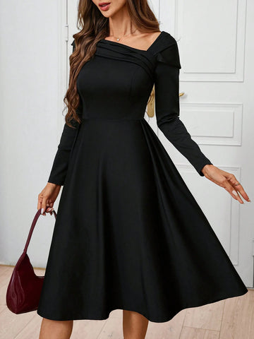 Women's Asymmetric Neckline Pleated A-Line Elegant Dress