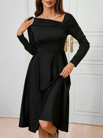 Women's Asymmetric Neckline Pleated A-Line Elegant Dress