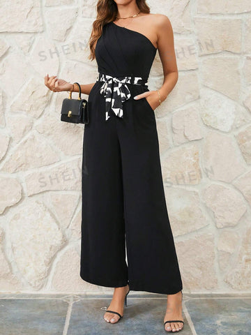Women's Asymmetric Neckline Wide Leg Jumpsuit
