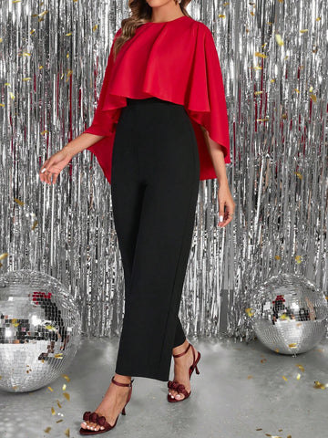 Women's Asymmetrical Neck Contrasting Black & Red Elegant Jumpsuit, Suitable For Work, Outing, And Party New Years Women Outfit Winter Clothes For Women Holiday Party Dress Business Casual Woman Jumpsuits For Woman Elegant