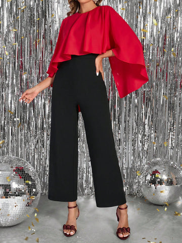 Women's Asymmetrical Neck Contrasting Black & Red Elegant Jumpsuit, Suitable For Work, Outing, And Party New Years Women Outfit Winter Clothes For Women Holiday Party Dress Business Casual Woman Jumpsuits For Woman Elegant