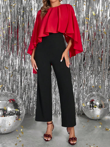 Women's Asymmetrical Neck Contrasting Black & Red Elegant Jumpsuit, Suitable For Work, Outing, And Party New Years Women Outfit Winter Clothes For Women Holiday Party Dress Business Casual Woman Jumpsuits For Woman Elegant