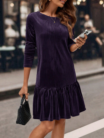 Women's Autumn/Winter Fashion Round Neck H-Shape Long Sleeve Velvet Striped Long Sleeve Dress