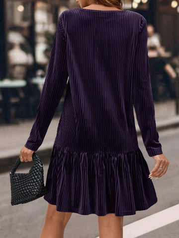 Women's Autumn/Winter Fashion Round Neck H-Shape Long Sleeve Velvet Striped Long Sleeve Dress