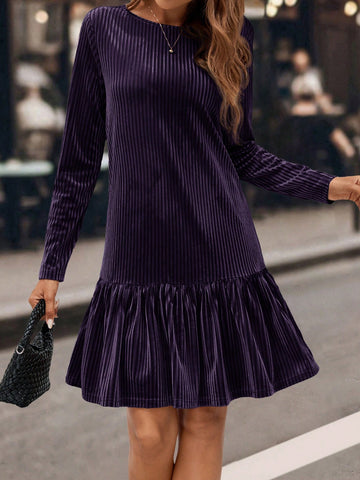 Women's Autumn/Winter Fashion Round Neck H-Shape Long Sleeve Velvet Striped Long Sleeve Dress