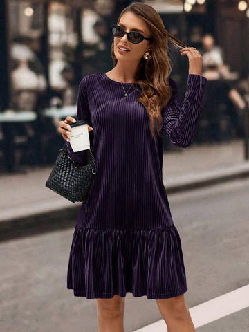 Women's Autumn/Winter Fashion Round Neck H-Shape Long Sleeve Velvet Striped Long Sleeve Dress