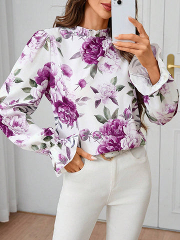 Clasi Women's Autumn/Winter Fashion Versatile Floral Print Ruffled Edge Blouse Fall Blouses Tops With Sleeves