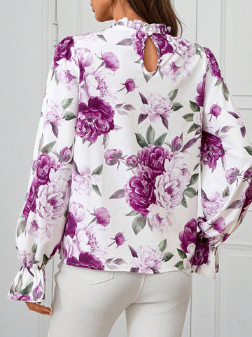 Clasi Women's Autumn/Winter Fashion Versatile Floral Print Ruffled Edge Blouse Fall Blouses Tops With Sleeves