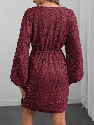 Women's Autumn/Winter Gold Sequin Embellished V-Neck Drop Shoulder Short Bodycon Party