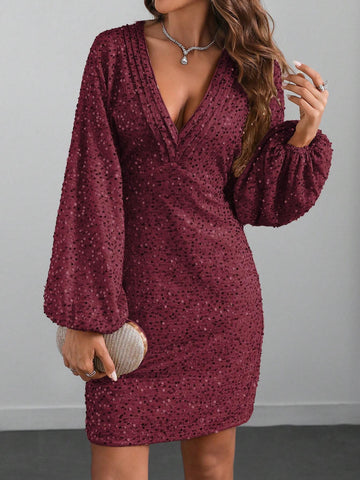 Women's Autumn/Winter Gold Sequin Embellished V-Neck Drop Shoulder Short Bodycon Party