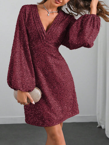 Women's Autumn/Winter Gold Sequin Embellished V-Neck Drop Shoulder Short Bodycon Party