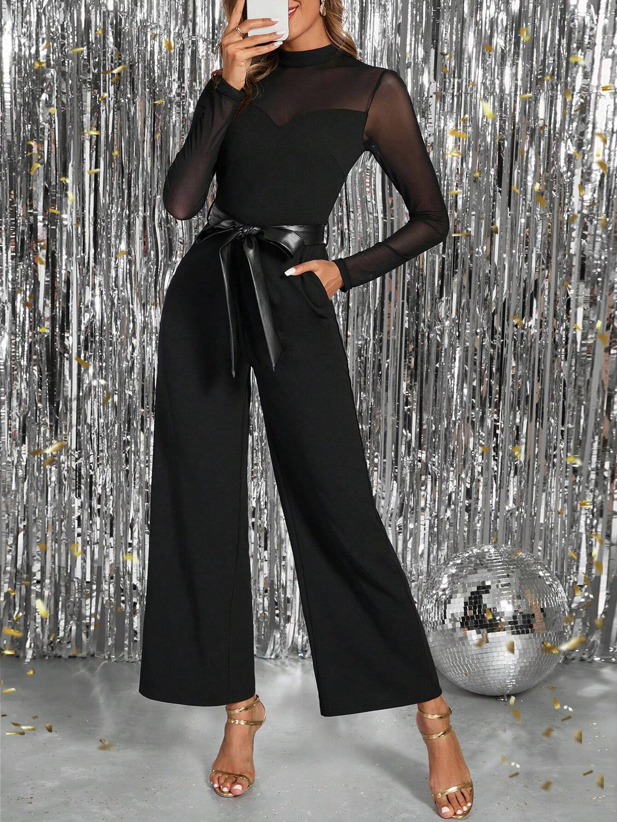 Women's Autumn/Winter Mesh Patchwork Heart-Neck Pocketed Wide-Leg Jumpsuit, Black, Suitable For Commuting, Going Out, Party (Comes With PU Belt) Business Casual Woman New Years Women Outfit Jumpsuits For Woman Elegant