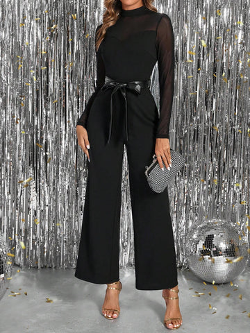 Women's Autumn/Winter Mesh Patchwork Heart-Neck Pocketed Wide-Leg Jumpsuit, Black, Suitable For Commuting, Going Out, Party (Comes With PU Belt) Business Casual Woman New Years Women Outfit Jumpsuits For Woman Elegant