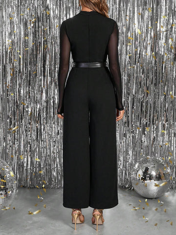 Women's Autumn/Winter Mesh Patchwork Heart-Neck Pocketed Wide-Leg Jumpsuit, Black, Suitable For Commuting, Going Out, Party (Comes With PU Belt) Business Casual Woman New Years Women Outfit Jumpsuits For Woman Elegant