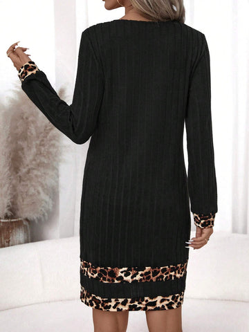Women's Autumn/Winter Ribbed Patchwork Leopard Print H-Line Midi Dress, Versatile And Warm