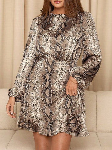 Women's Autumn/Winter Round Neck Lantern Sleeve Snake Pattern Short Dress