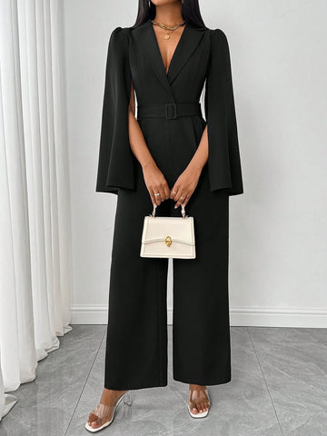 Women's Autumn/Winter Solid Color V-Neck Cinched Waist Slit Long Sleeve Jumpsuit