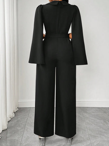 Women's Autumn/Winter Solid Color V-Neck Cinched Waist Slit Long Sleeve Jumpsuit