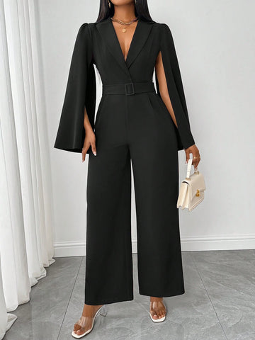 Women's Autumn/Winter Solid Color V-Neck Cinched Waist Slit Long Sleeve Jumpsuit